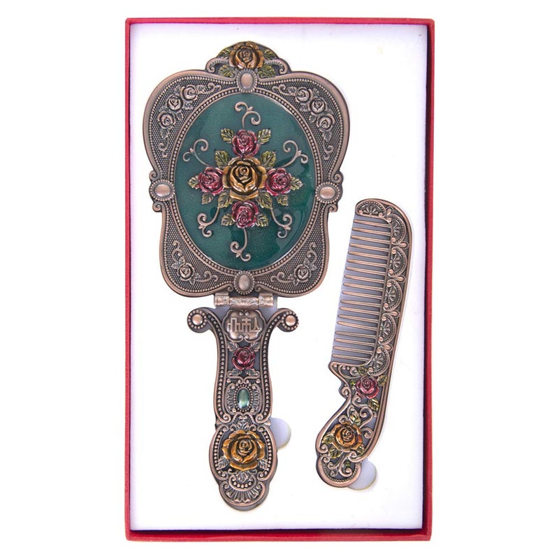 Nerien Antique Mirror Comb Set Vintage Metal Handheld Makeup Mirror with a Comb Russian Style Embossed Rose Hand Mirror Travel Portable Foldable Mirrors Decorative Tabletop Stand Mirrors Copper - Image 5